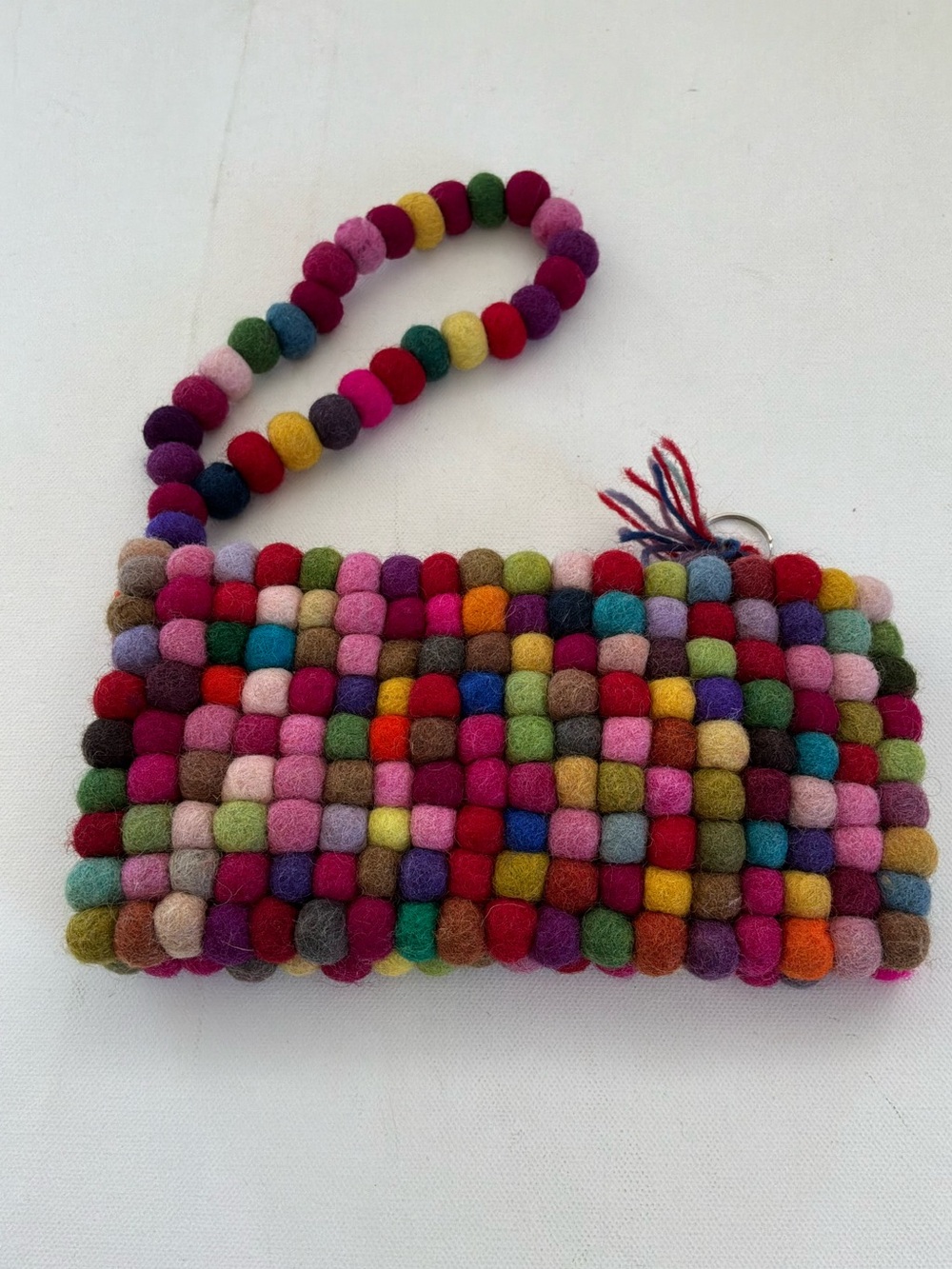 Handmade Colorful Felt Ball Wristlet Coin Purse Zipper Pouch Boho Artisan Wallet